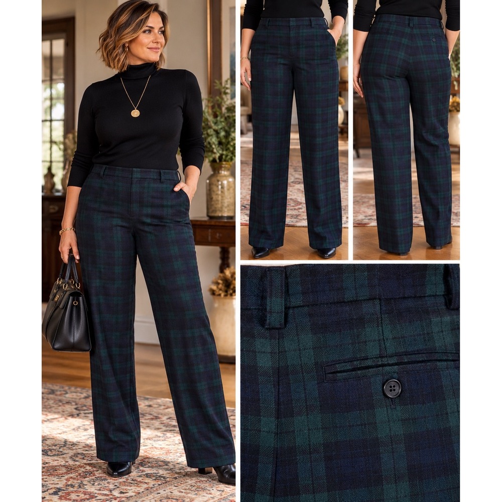Jones New York Country Pants Women 16 NWT Wool Navy Green Black Watch Plaid